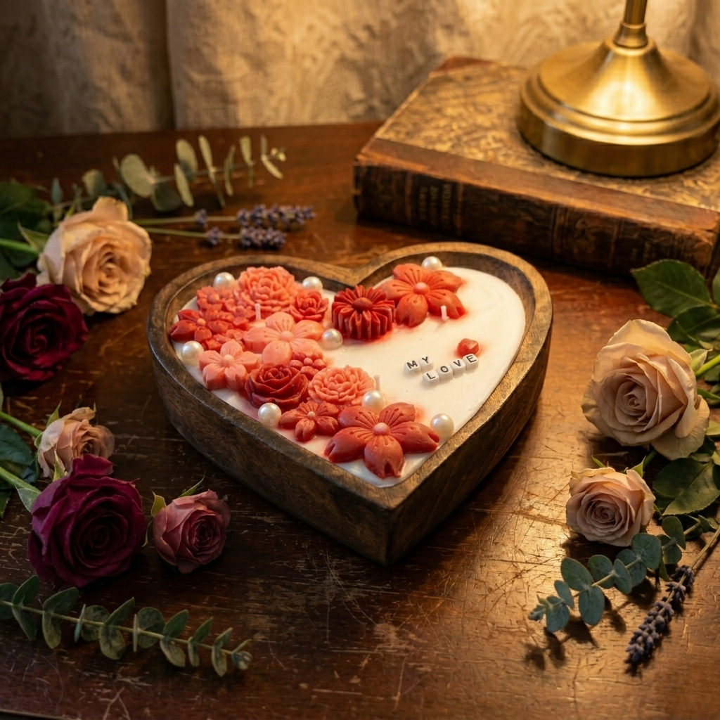 Large Wooden Heart-Shaped Bowl Scented Candle - 72 Hours Burn Time